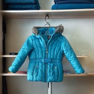 Girl’s Jacket Rothschild Hooded Puffer Jacket Blue Silver Dot Zip Front Coat